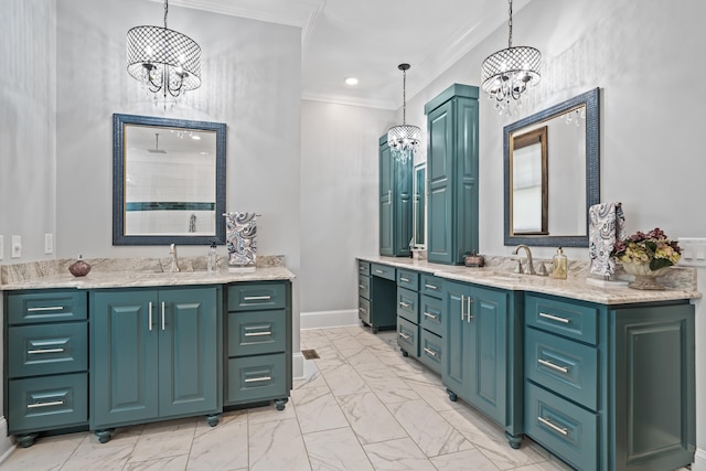 182 Corral Rd, Milledgeville, GA 31061 - bathroom featuring a chandelier, ornamental molding, marble finish flooring, two vanities, and a tile shower