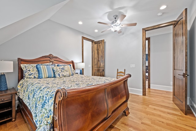 182 Corral Rd, Milledgeville, GA 31061 - bedroom featuring light wood-style floors, recessed lighting, baseboards, a ceiling fan, and vaulted ceiling