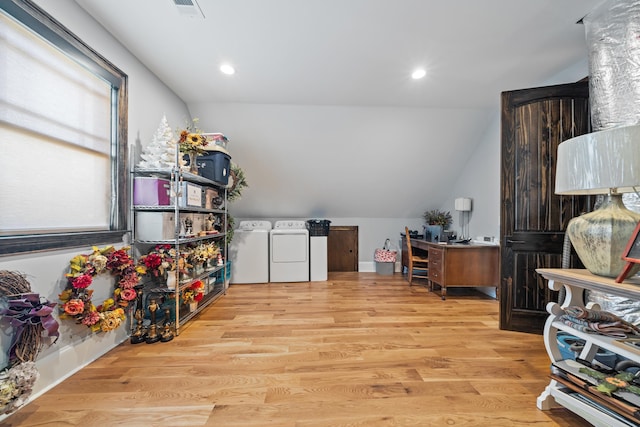 182 Corral Rd, Milledgeville, GA 31061 - rec room featuring washer and clothes dryer, wood finished floors, vaulted ceiling, recessed lighting, and a desk