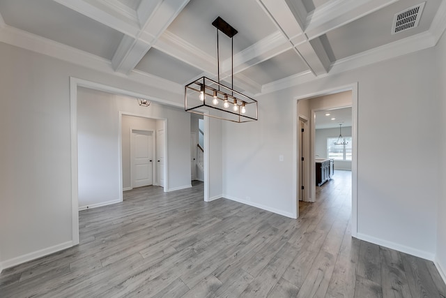 unfurnished dining area with beamed ceiling, coffered ceiling, a chandelier, and light hardwood / wood-style floors