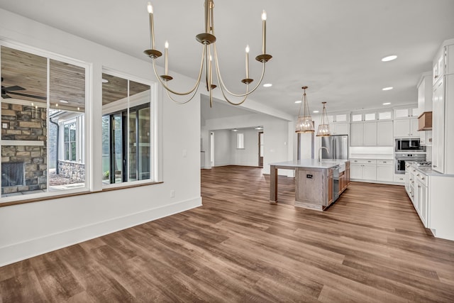 kitchen with stainless steel appliances, dark wood finished floors, open floor plan, a stone fireplace, and recessed lighting