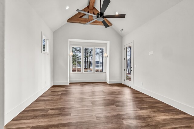 unfurnished room featuring ceiling fan, dark wood-style floors, recessed lighting, and baseboards