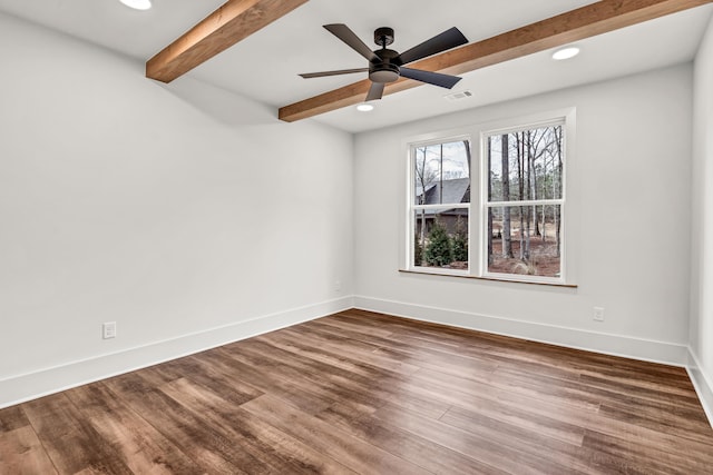 spare room featuring beam ceiling, baseboards, recessed lighting, dark wood-style floors, and a ceiling fan
