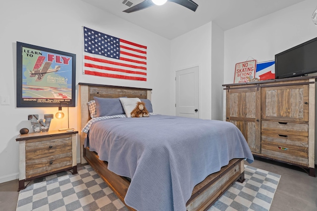 bedroom with visible vents, a ceiling fan, and baseboards