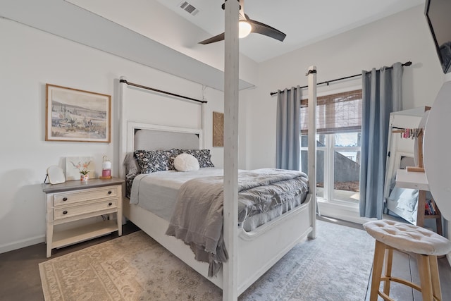 bedroom featuring visible vents, baseboards, a ceiling fan, access to outside, and dark wood-style floors