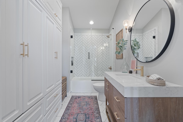 bathroom featuring toilet, shower / tub combination, tile patterned flooring, and vanity