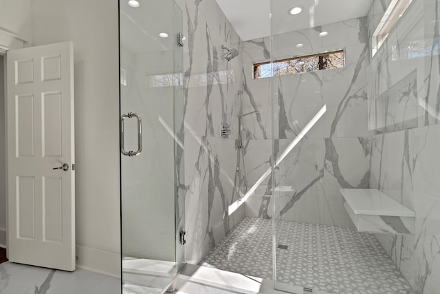 136 Hidden Lake Dr, Eatonton, GA 31024 - full bathroom featuring marble finish floor, a marble finish shower, and recessed lighting