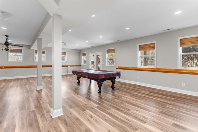 playroom featuring ceiling fan, billiards, and light hardwood / wood-style flooring