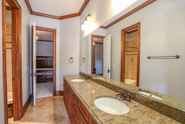 bathroom with tile patterned flooring, vanity, walk in shower, toilet, and crown molding