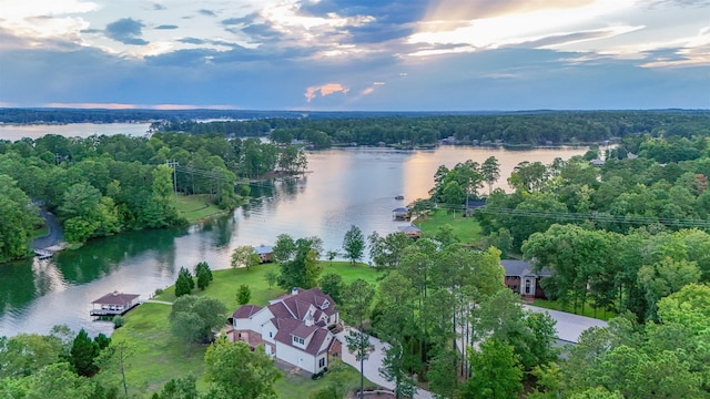 aerial view at dusk featuring a water view