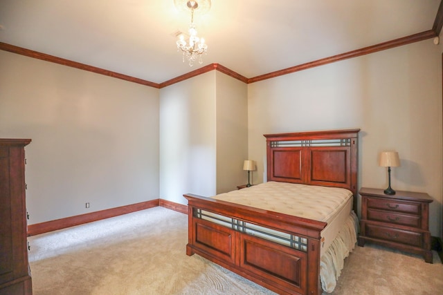 bedroom featuring ornamental molding, light carpet, and a notable chandelier