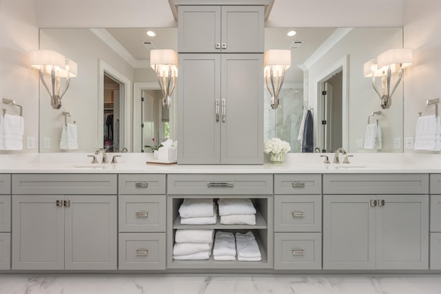 1070 Griffin Crk, Greensboro, GA 30642 - full bath featuring marble finish floors, crown molding, double vanity, a shower with shower door, and recessed lighting