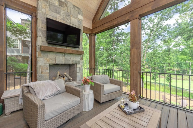 1070 Griffin Crk, Greensboro, GA 30642 - wooden terrace featuring an outdoor stone fireplace and view of scattered trees