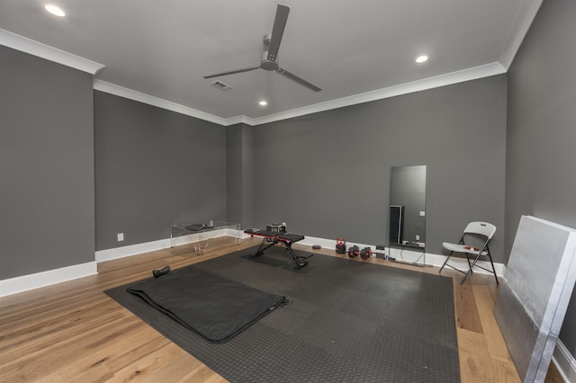 1070 Griffin Crk, Greensboro, GA 30642 - workout area featuring ceiling fan, ornamental molding, light wood-style floors, and recessed lighting