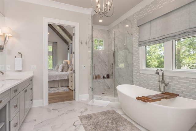 1070 Griffin Crk, Greensboro, GA 30642 - bathroom featuring vanity, a marble finish shower, ensuite bath, a freestanding tub, and plenty of natural light