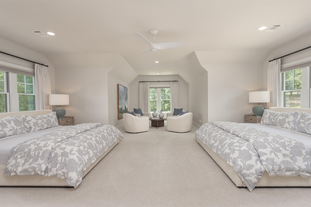 1070 Griffin Crk, Greensboro, GA 30642 - carpeted bedroom with multiple windows, lofted ceiling, recessed lighting, and ceiling fan