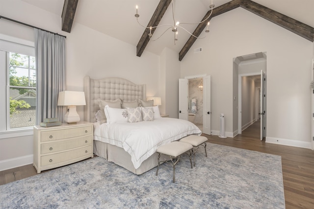 1070 Griffin Crk, Greensboro, GA 30642 - bedroom featuring wood finished floors, beamed ceiling, a chandelier, and high vaulted ceiling