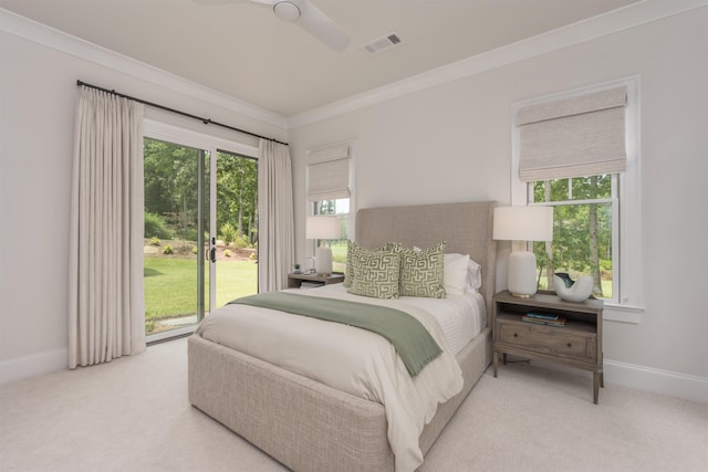 1070 Griffin Crk, Greensboro, GA 30642 - carpeted bedroom featuring access to exterior, ornamental molding, and a ceiling fan