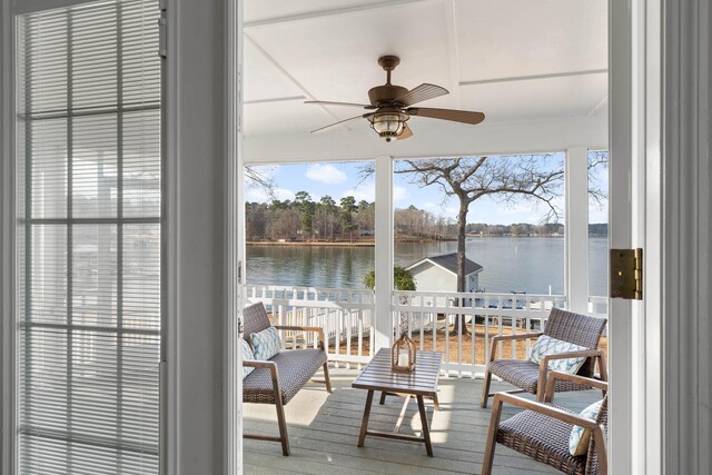408 Sheffield Ln, Sparta, GA 31087 - wooden deck with a water view and ceiling fan