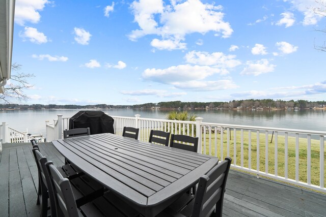 408 Sheffield Ln, Sparta, GA 31087 - deck featuring a yard, outdoor dining space, a grill, and a water view