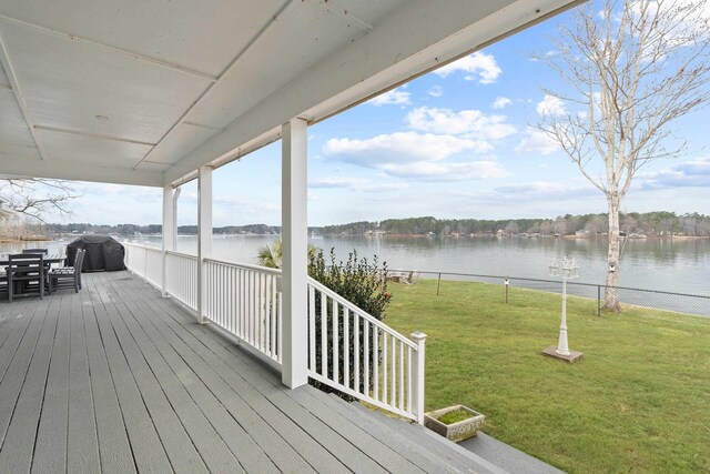 408 Sheffield Ln, Sparta, GA 31087 - wooden deck with a grill, a yard, and a water view