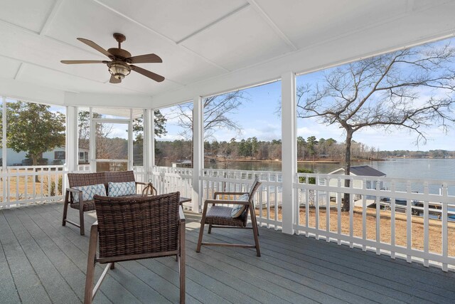 408 Sheffield Ln, Sparta, GA 31087 - sunroom / solarium featuring a water view and ceiling fan