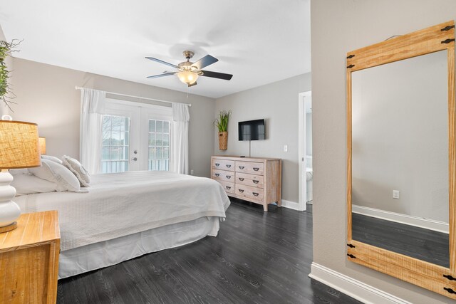 408 Sheffield Ln, Sparta, GA 31087 - bedroom featuring access to outside, baseboards, dark wood finished floors, french doors, and ceiling fan