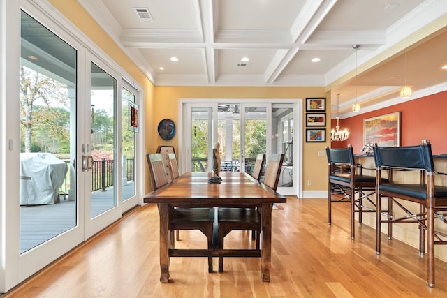 dining room with french doors, plenty of natural light, coffered ceiling, and beamed ceiling