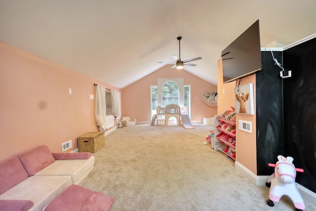 222 River Bend Dr, Eatonton, GA 31024 - playroom with a ceiling fan, lofted ceiling, and carpet floors