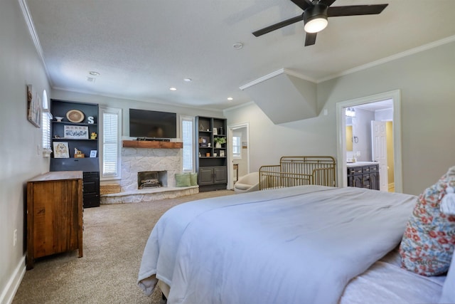 222 River Bend Dr, Eatonton, GA 31024 - bedroom with ornamental molding, carpet floors, a fireplace, recessed lighting, and connected bathroom