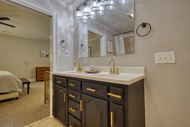 222 River Bend Dr, Eatonton, GA 31024 - full bathroom with double vanity, a ceiling fan, and ornamental molding