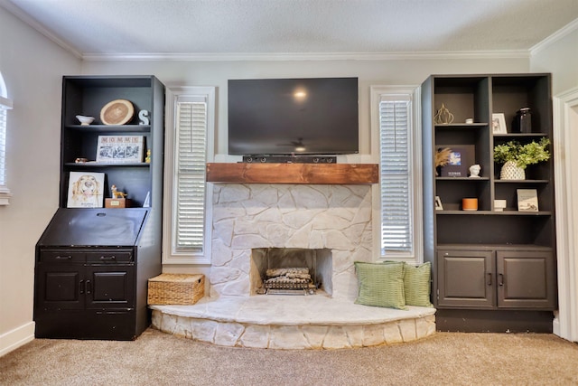 222 River Bend Dr, Eatonton, GA 31024 - unfurnished living room featuring carpet flooring, ornamental molding, and a fireplace