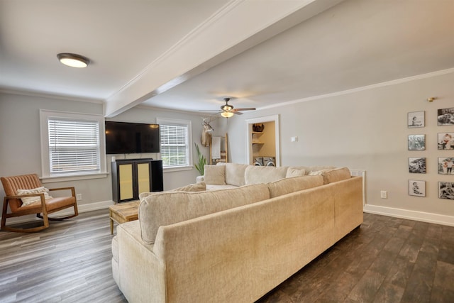 222 River Bend Dr, Eatonton, GA 31024 - living room with dark wood finished floors, ornamental molding, beamed ceiling, and a ceiling fan