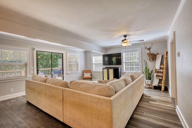 222 River Bend Dr, Eatonton, GA 31024 - living room featuring ornamental molding, dark wood-style floors, and ceiling fan