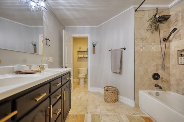 222 River Bend Dr, Eatonton, GA 31024 - full bathroom featuring double vanity, bathing tub / shower combination, and ornamental molding