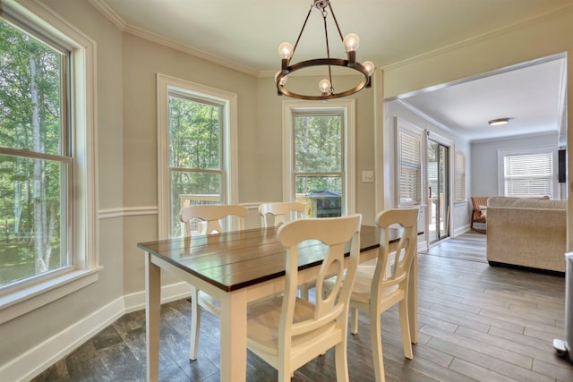 222 River Bend Dr, Eatonton, GA 31024 - dining room featuring a chandelier, plenty of natural light, ornamental molding, and wood finished floors