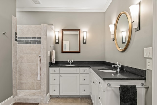 full bath featuring crown molding, a walk in shower, double vanity, and tile patterned floors