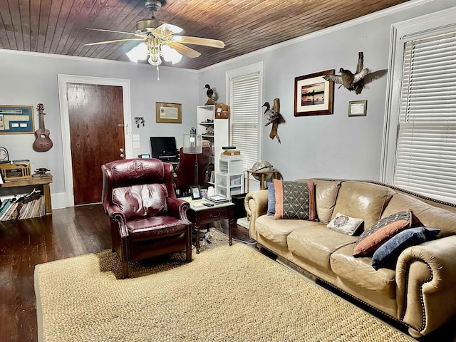 living room with wood ceiling, crown molding, ceiling fan, and hardwood / wood-style flooring