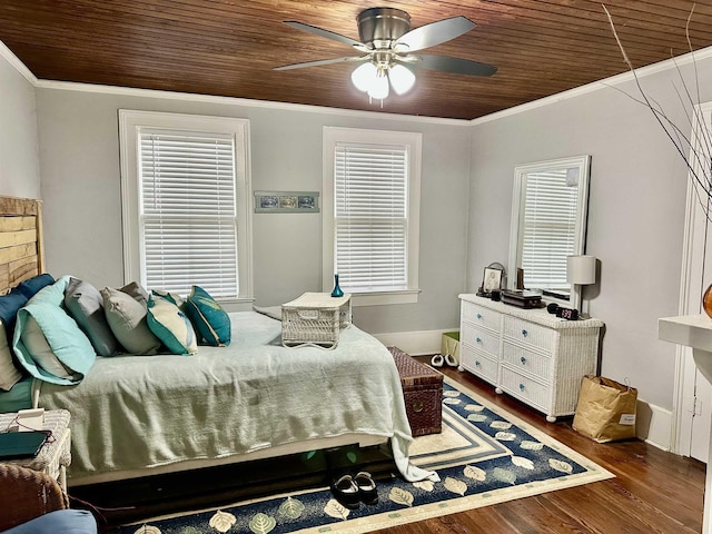 bedroom featuring dark wood-type flooring, ornamental molding, wood ceiling, and multiple windows