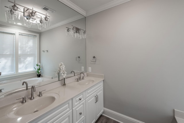 bathroom featuring crown molding and vanity