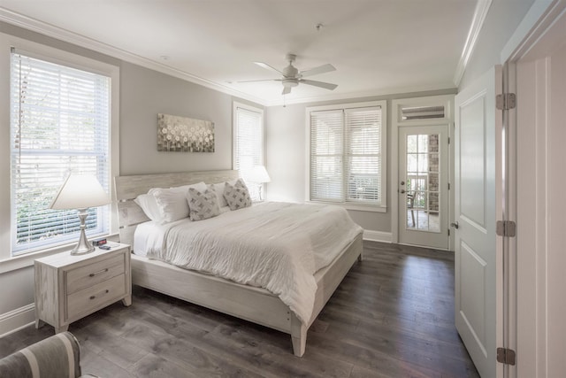 bedroom featuring access to exterior, crown molding, dark wood-type flooring, and ceiling fan