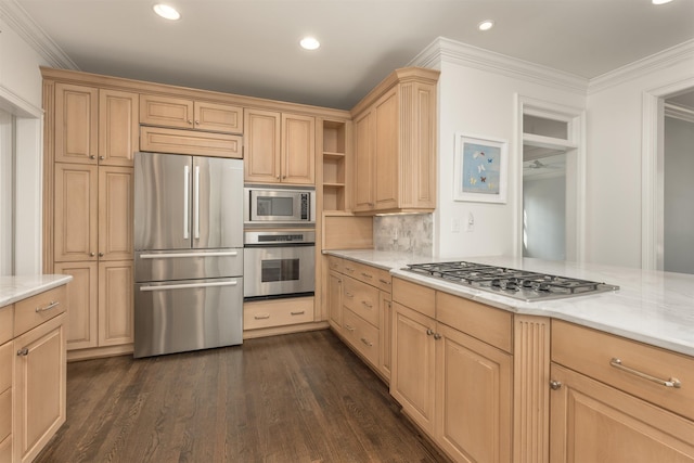 kitchen with stainless steel appliances, ornamental molding, dark hardwood / wood-style flooring, decorative backsplash, and light brown cabinets