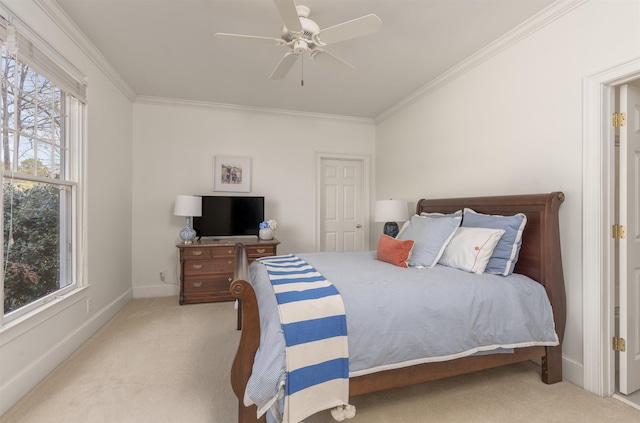 bedroom with multiple windows, ornamental molding, and light colored carpet