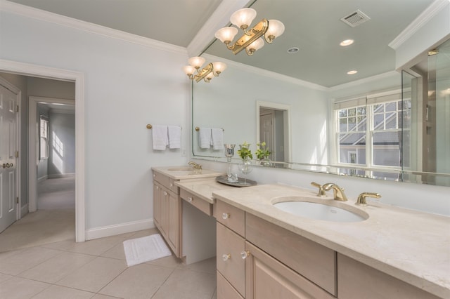 bathroom with crown molding, tile patterned floors, a chandelier, and vanity