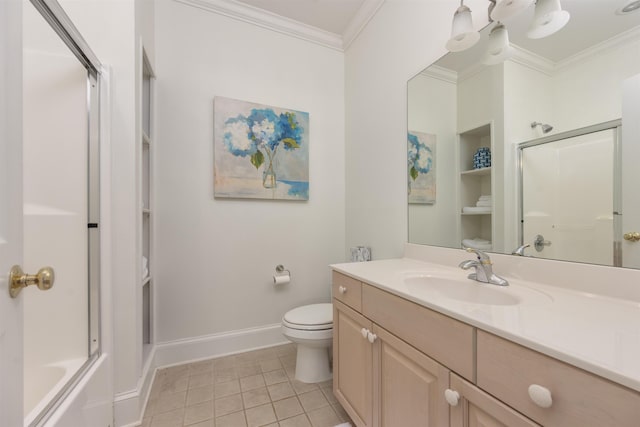 full bathroom featuring bath / shower combo with glass door, tile patterned flooring, ornamental molding, vanity, and toilet