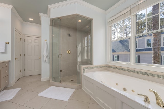 bathroom featuring tile patterned flooring, plus walk in shower, vanity, and crown molding