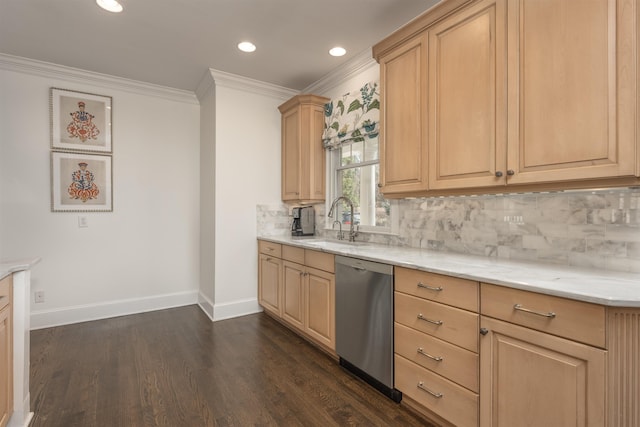 kitchen featuring sink, stainless steel dishwasher, light stone counters, crown molding, and light brown cabinets