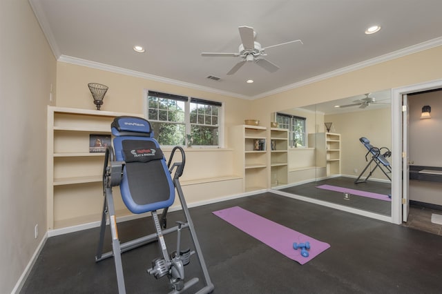 exercise area featuring ornamental molding and ceiling fan