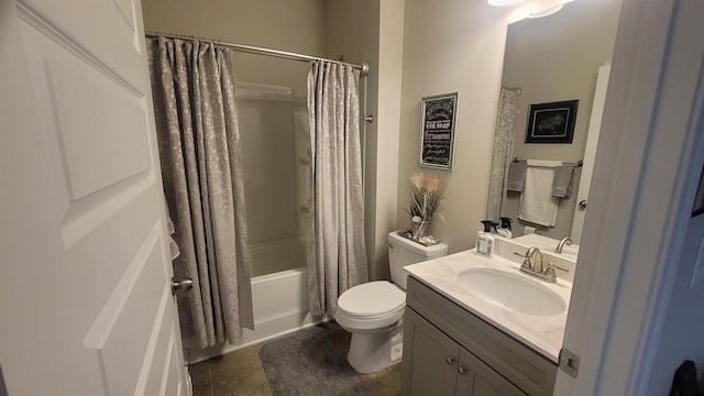  - full bathroom with vanity, shower / tub combo with curtain, and toilet