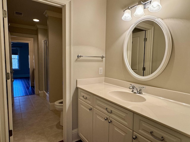 full bath featuring visible vents, toilet, a stall shower, tile patterned floors, and vanity